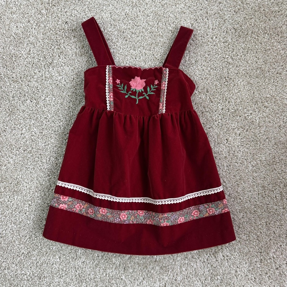 Vintage JC Penney Dress Girls 4 Red Velvet Floral Embroidered Sundress Holiday